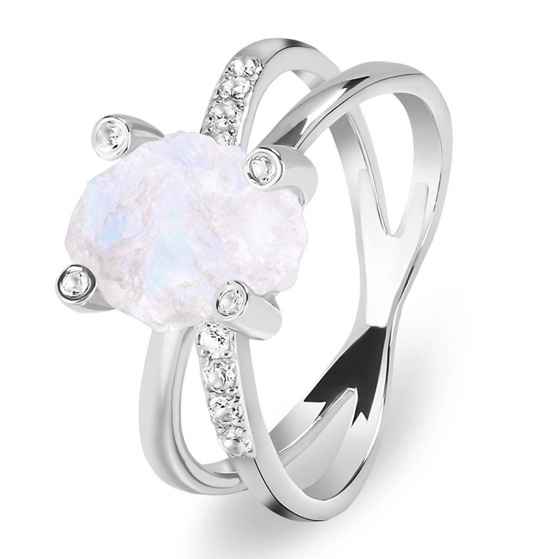 Moonstone Raw Crystal & White Topaz Ring