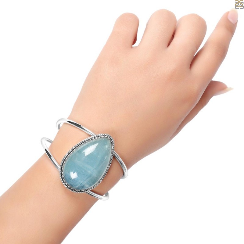 Aquamarine & Apatite Gemstone Handmade Sterling Silver Bracelet - Poppy Silk
