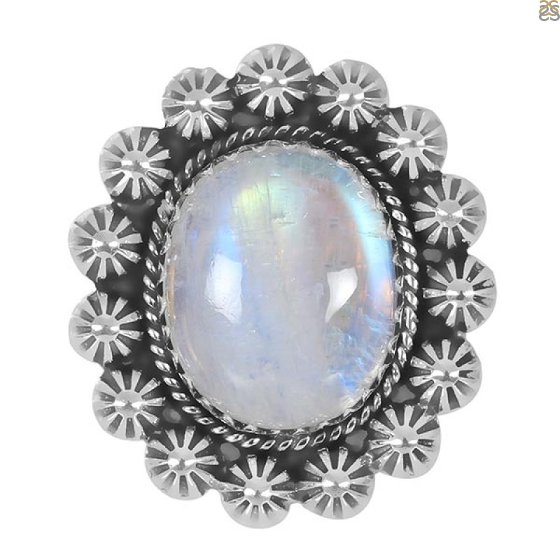Rainbow Moonstone Crescent Sterling Silver Ring - The Fossil Cartel